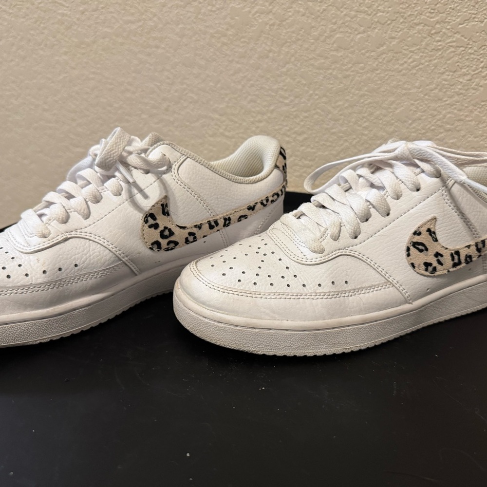 White Sneakers with Leopard Print Accent